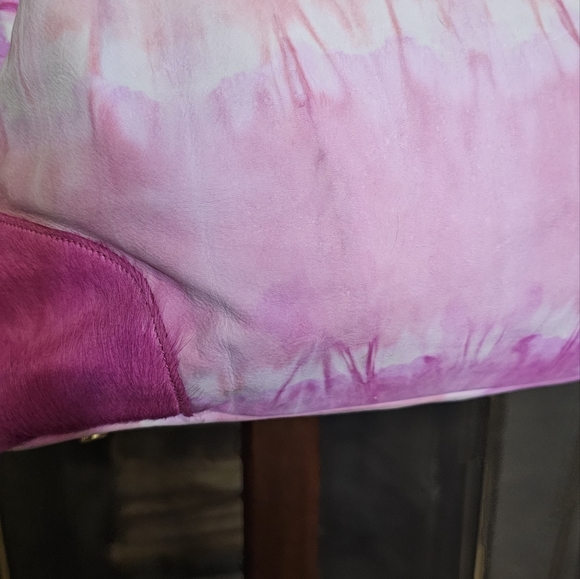 Sold Fabric & Cowhide Tie Dye Pink Satchel Handbag Purse - Picture 9 of 12